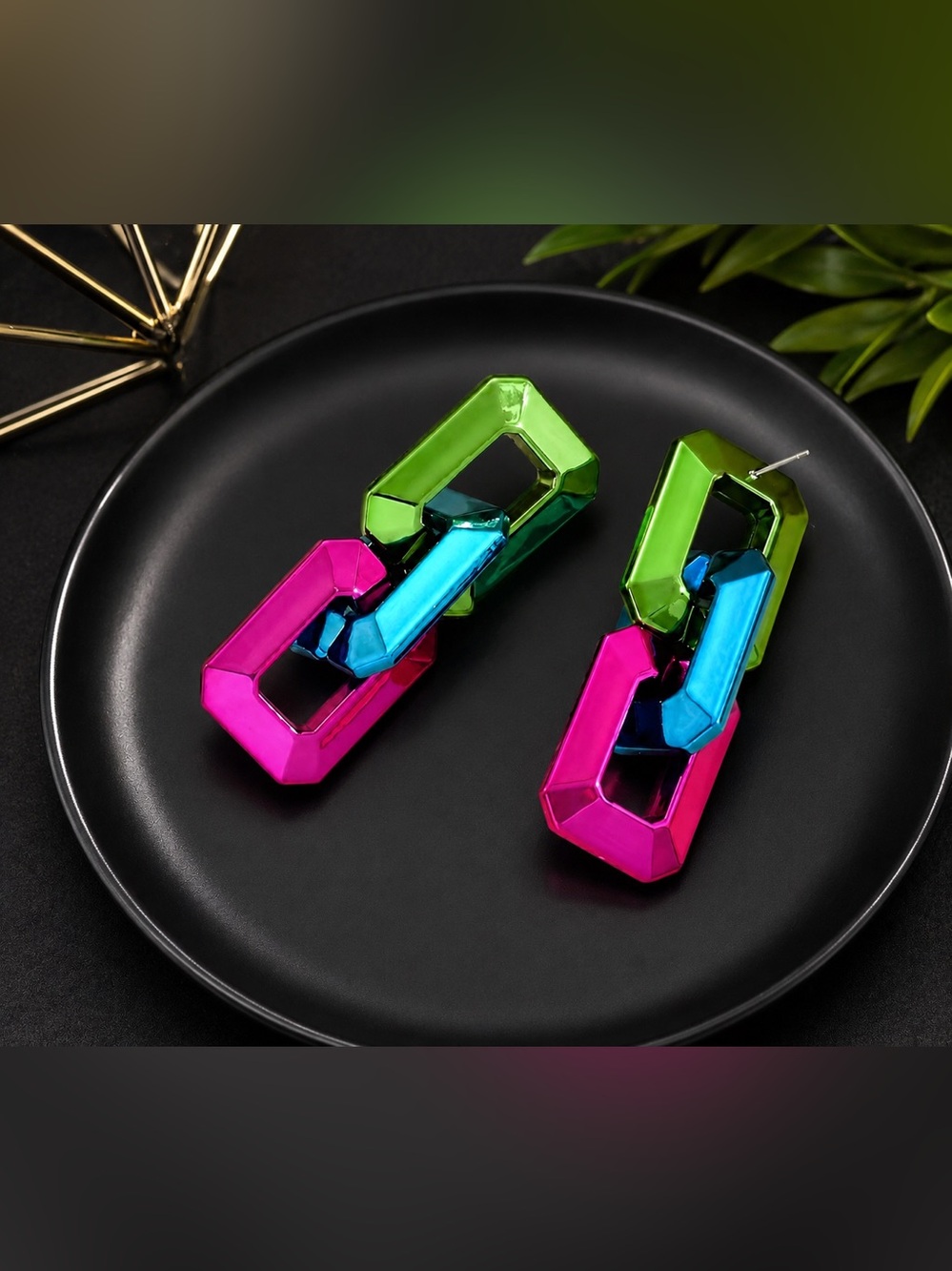 Color-Block Geometric Chain Link Drop Earrings Pink Green Blue Statement | NWT